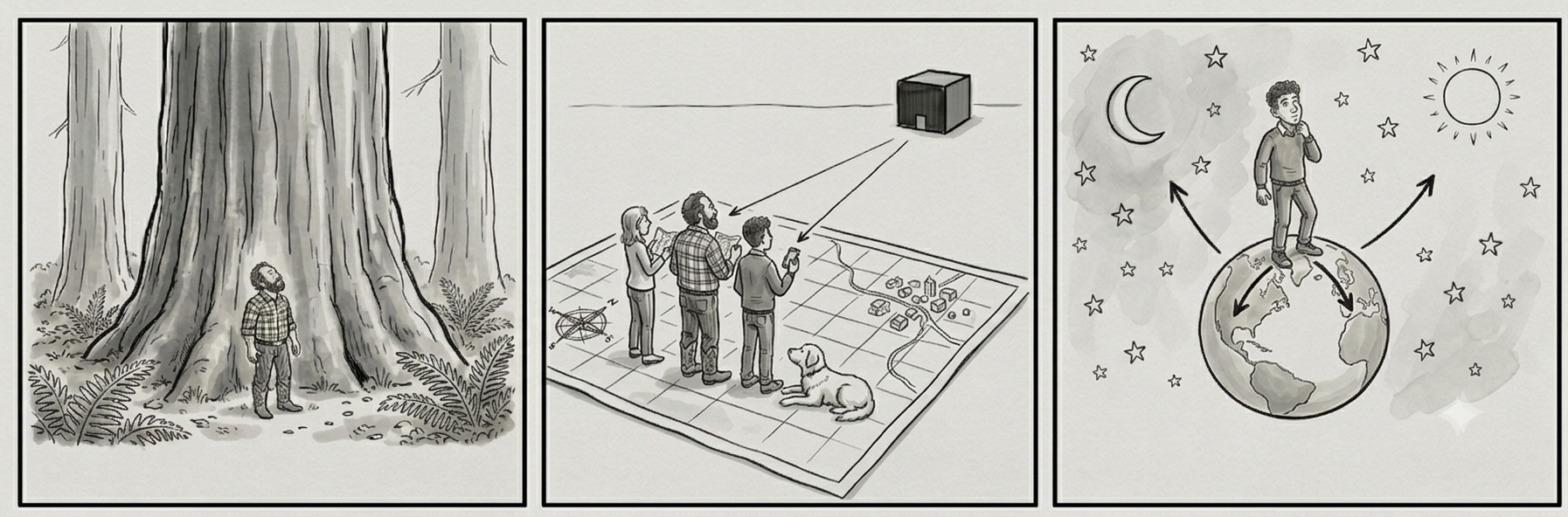 Three cartoon panels: a stick figure dwarfed by a giant redwood; the figure taking a compass bearing toward a distant Kaaba; the figure standing on the globe ringed by stars and an astrolabe.
