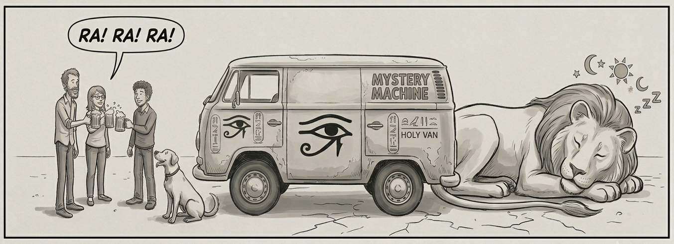 A Scooby-gang-like group drinking beer next to their Mystery Machine van and a sleeping Sekhmet.