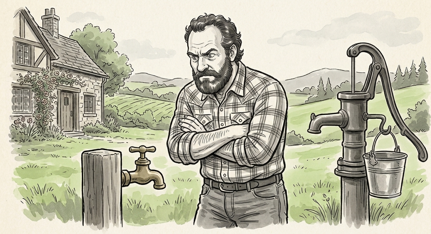 American Dad stares suspiciously at a newfangled faucet with his trusty hand-pump water well behind him.