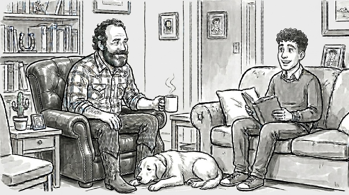 Cartoon: an American dad on a leather armchair asks his adult son, who is reading on a couch, an earnest question.